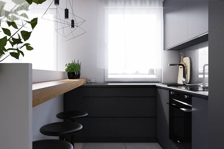 Черная кухня в стиле лофт с матовыми фасадами