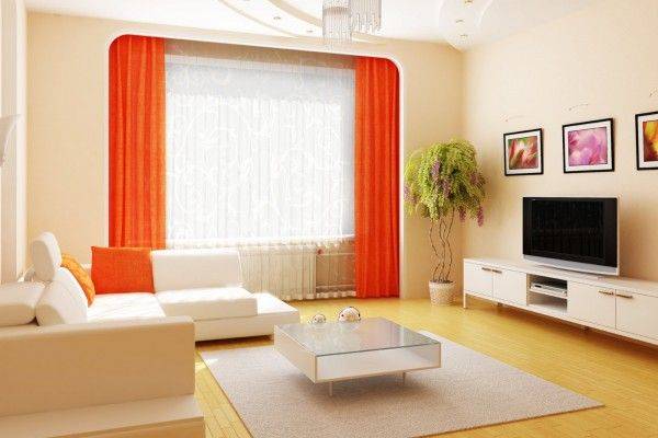 Оранжевые шторы в интерьере кухни, гостиной и спальни