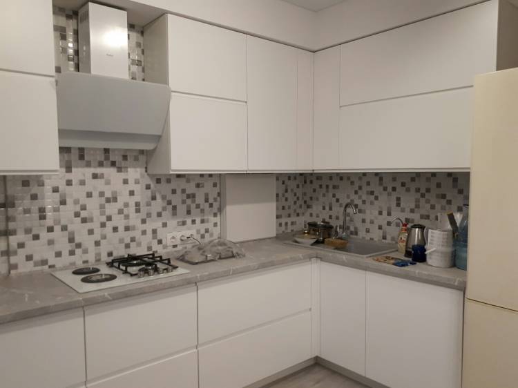 Фото белой кухни без ручек с пеналами и встроенной техникой