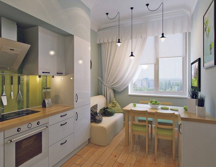 Дизайн маленькой кухни с диваном, телевизором и обеденной зоной