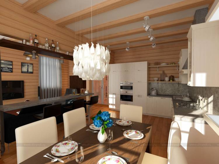 Гостиная кухня в деревянном доме (Дизайн-студия Малина)