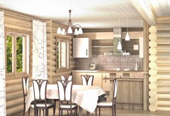 Уютный и интересный интерьер кухни гостиной в деревянном дом