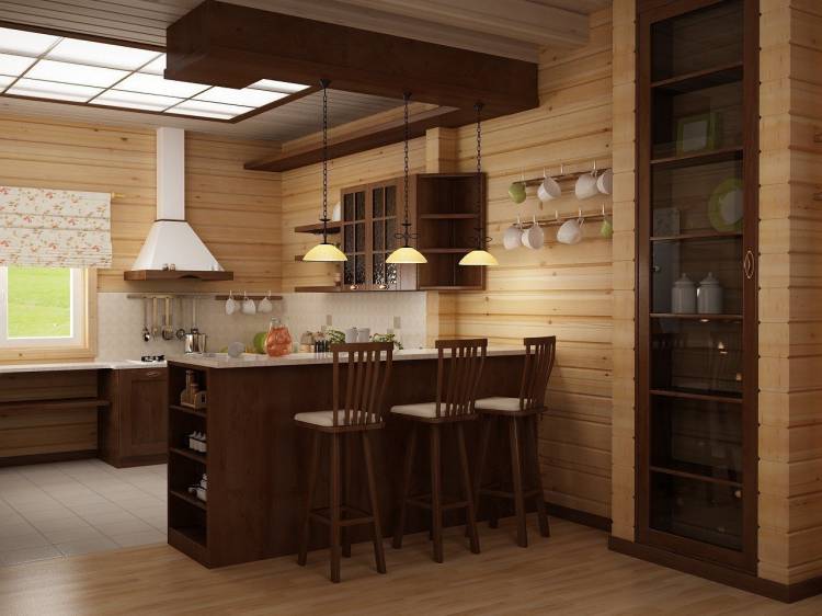Дизайн кухни гостиной в деревянном дом