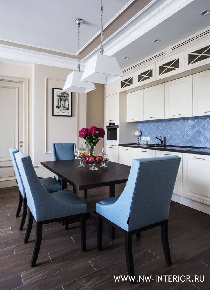 кухня в стиле современной классики, белая кухня, голубой фартук, голубые стулья, Жк дирижабль