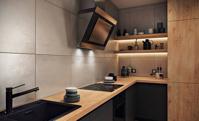 Дизайн кухни без навесных шкафов