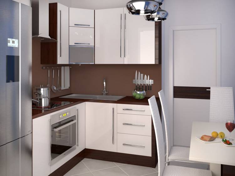 Дизайн маленькой угловой кухни с холодильником