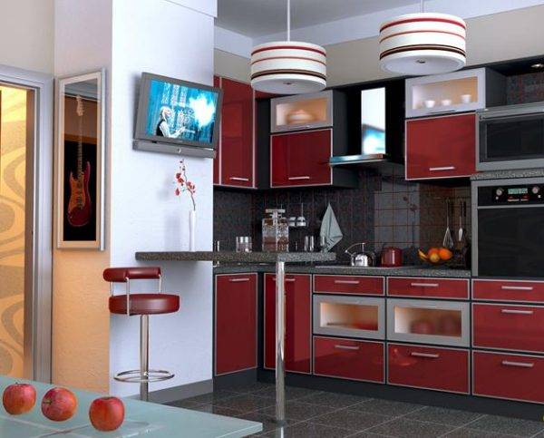Дизайн кухни с вентиляционным коробом при вход