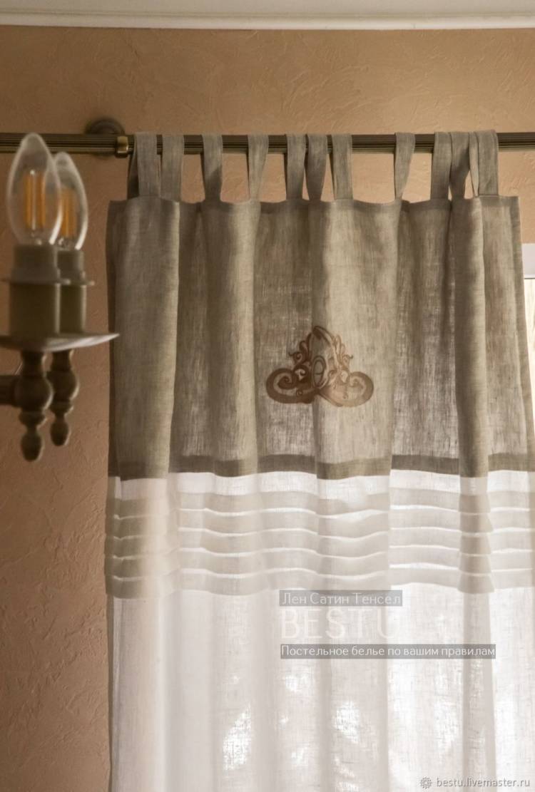 Льняные шторы тюль на петлях с вышивкой прованс на кухню гостиную