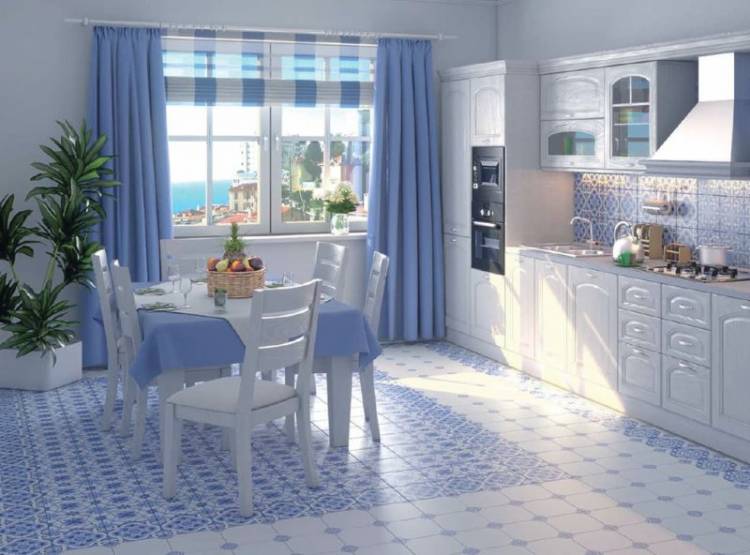 Голубые шторы и голубой тюль в интерьере гостиной, спальни, кухни и детской