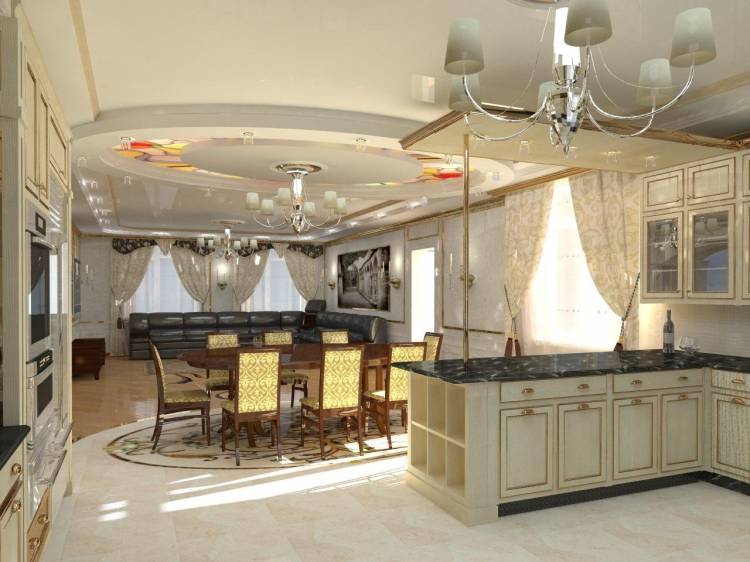 Дизайн кухни столовой гостиной в частном дом