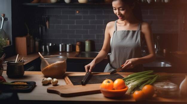 Женщина режет овощи на кух
