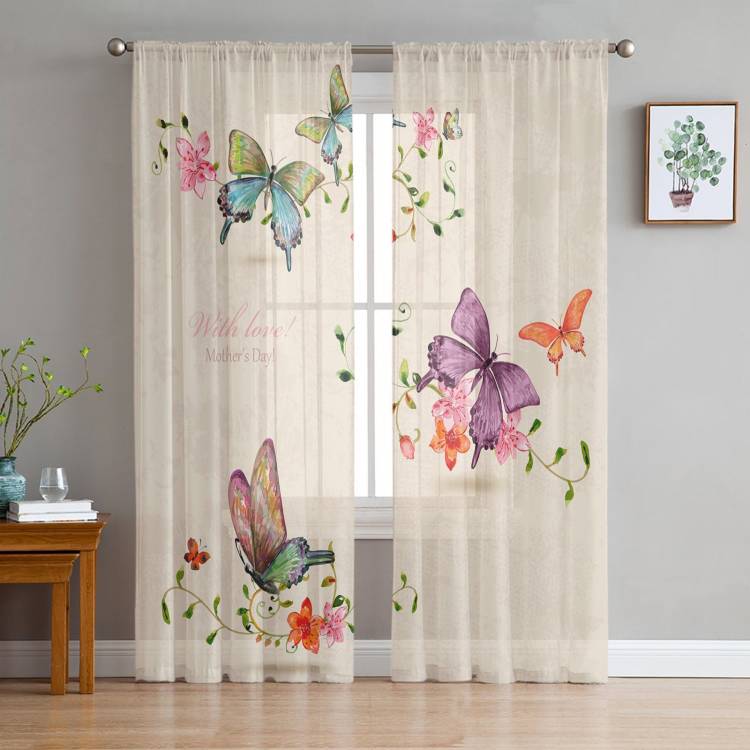 Тюль с бабочками и цветами в винтажном стиле, прозрачные Занавески для гостиной, спальни, кухни, штора из шиф