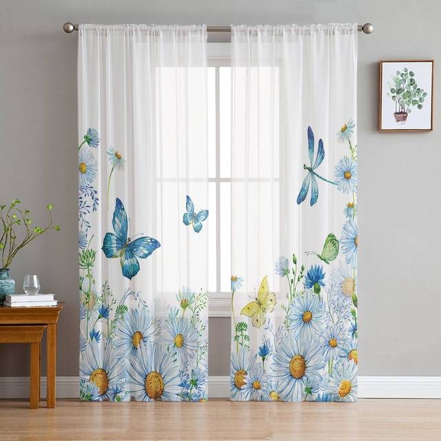 Тюль с бабочками и цветами в винтажном стиле, прозрачные Занавески для гостиной, спальни, кухни, штора из шиф