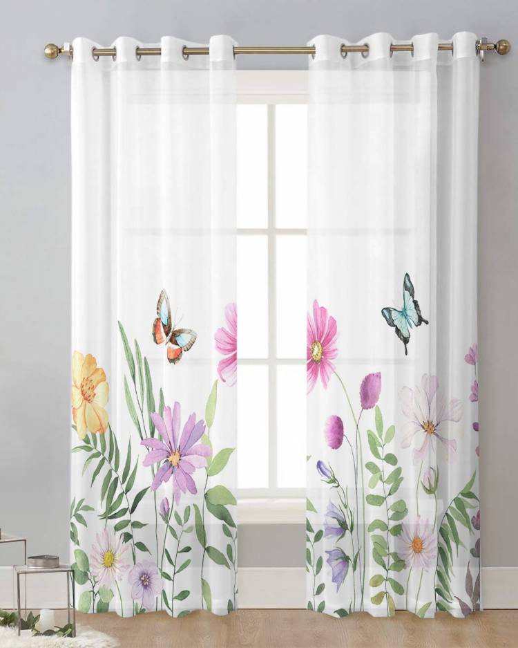 Тюль с бабочками и цветами для украшения гостиной, прозрачные шторы из вуали для спальни, кухни, шифоновые драпировки, вес