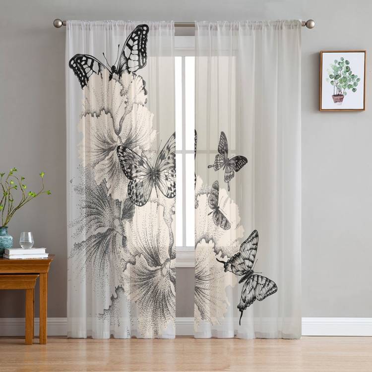 Черно-белые тюлевые шторы с бабочками и цветами для украшения гостиной, шифоновая прозрачная вуаль