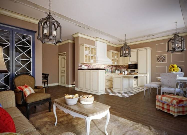 Дизайн кухни со столовой и гостиной в частном дом