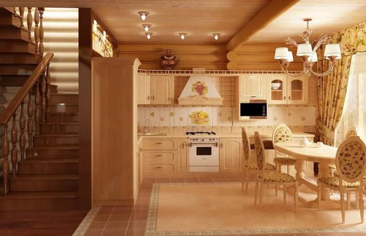 Дизайн кухни в деревянном доме внутри