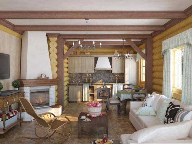 Современные идеи интерьера гостиной в деревянном дом