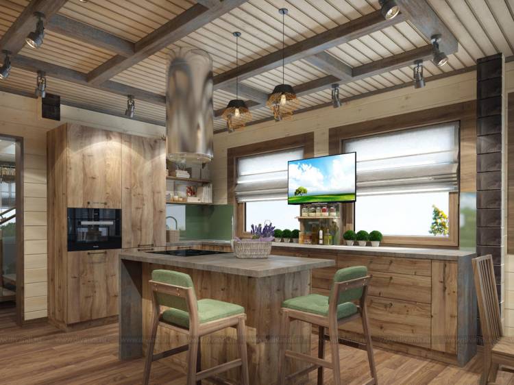 Гостиная и кухня в деревянном доме в современном стиле (Дизайн-студия Малина)
