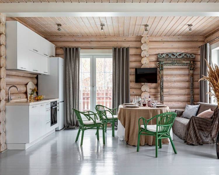 Интерьер кухни гостиной в деревянном дом