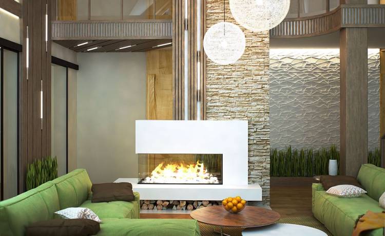 Дизайн интерьера гостиной комнаты с камином