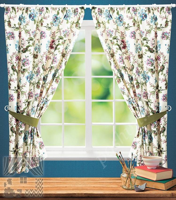 Романтичный комплект штор для кухни с флористическим принтом в стиле прованс и контрастными подхватами, готовые шторы в интернет магазине дешев