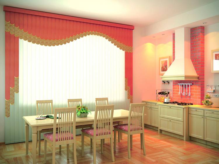 Мультифактурные жалюзи на кухню, в столовую розовые с ламбрекеном, в Ростове-на-Дону