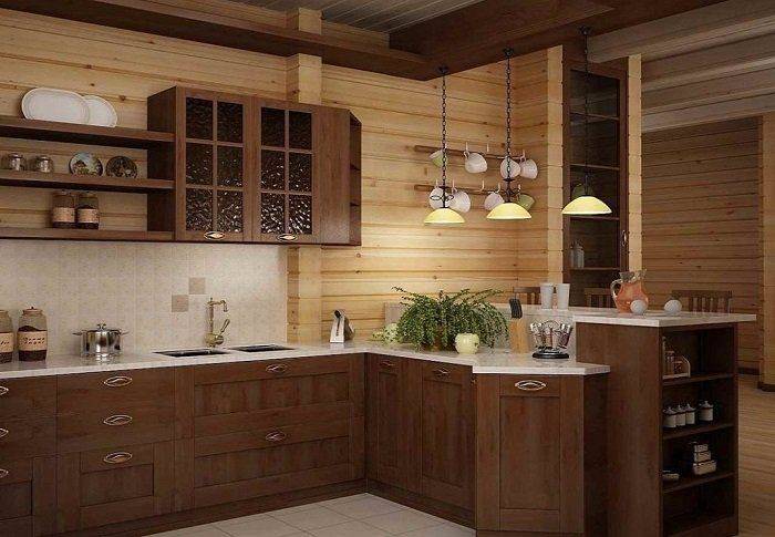 Интерьер кухни в деревянном доме из бруса (фото)