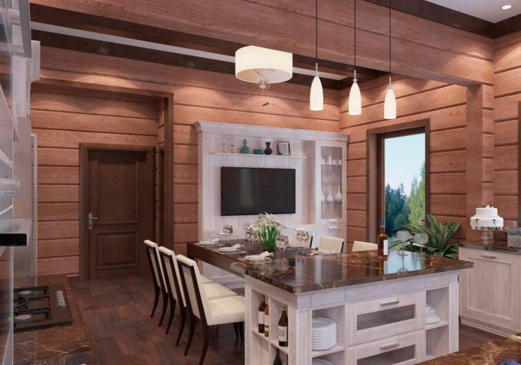 Дизайн кухни гостиной в деревянном дом