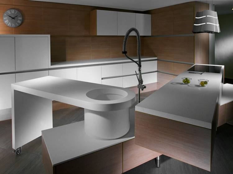 Современный интерьер и дизайн концептуальной кухни Cubello в красивом сочетании белых и бежевых тонах