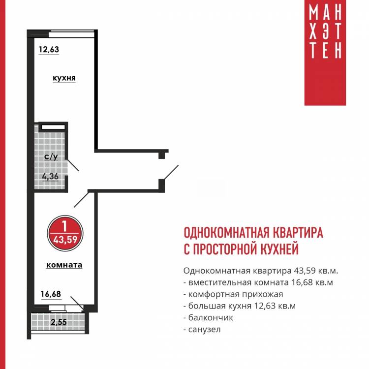 Однокомнатная квартира с просторной кухней