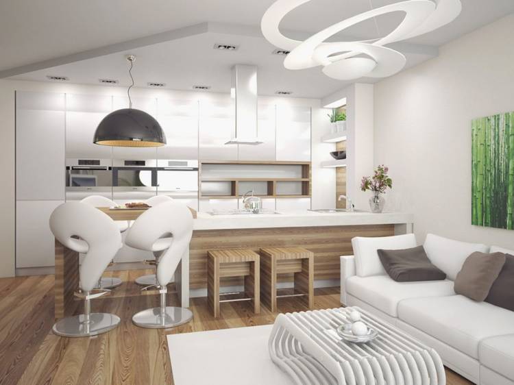 Кухня гостиная в современном стиле светлая