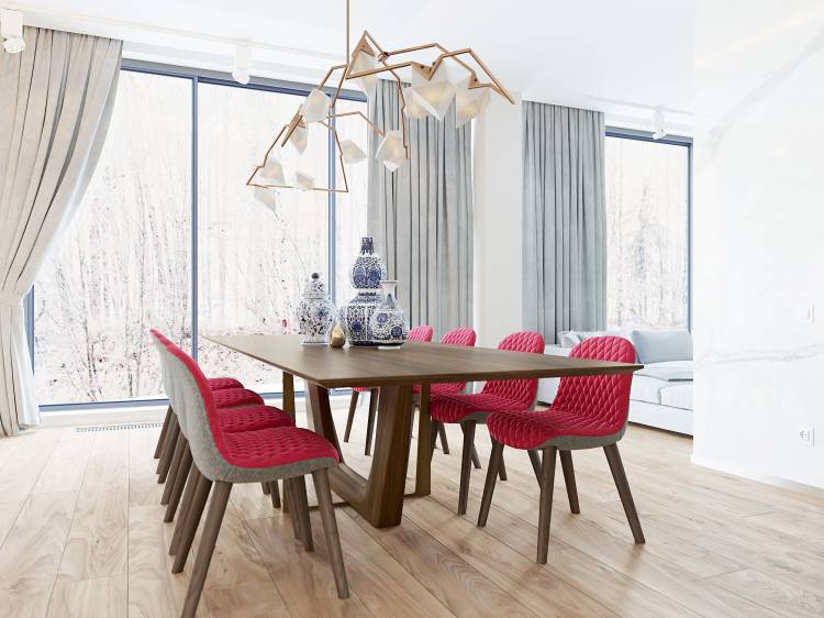 дизайн интерьера столовой в современном стиле, красный и синий цвета, стулья poliform