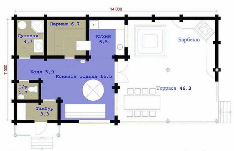 Проекты бань с террасой и барбекю