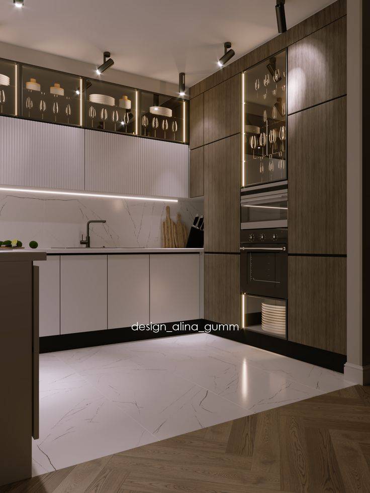 design interior, kitchen, дизайн кухни, дизайн интерьера, шпон, витринные шкафы, витрина на кухне, совре менный стиль в инт…