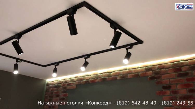 Трековые натяжные потолки со светильниками и спотами в СПб