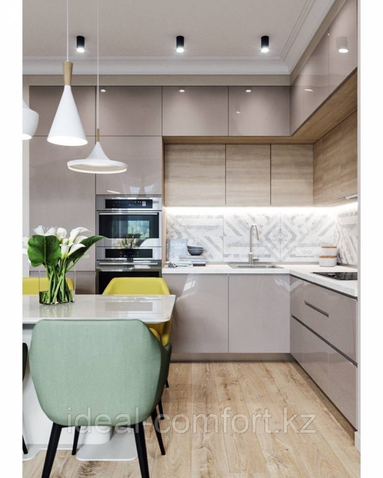Угловая кухня в современном стиле под потолок двухъярусная (id