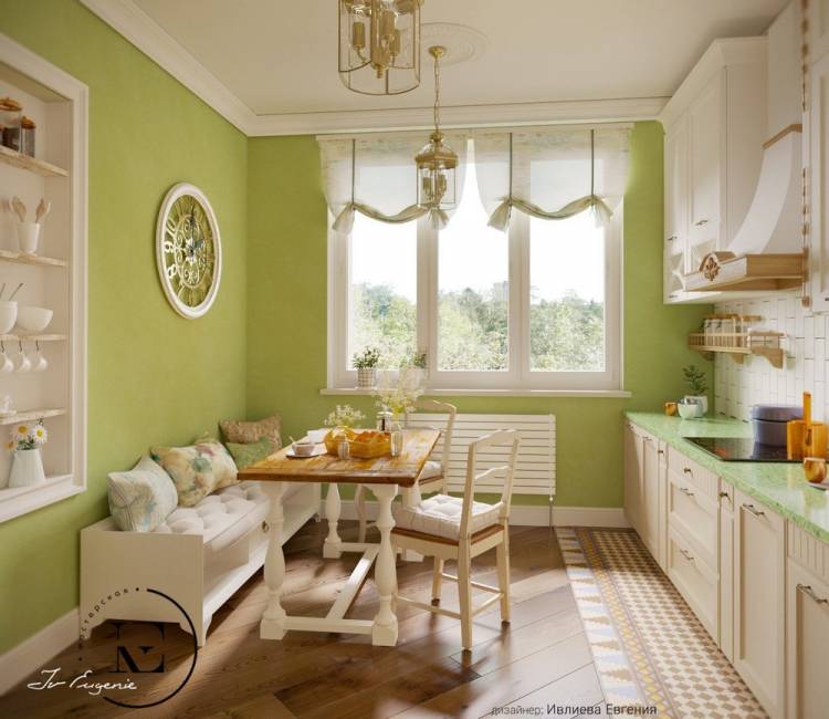 Фисташковый цвет стен в интерьере кухни