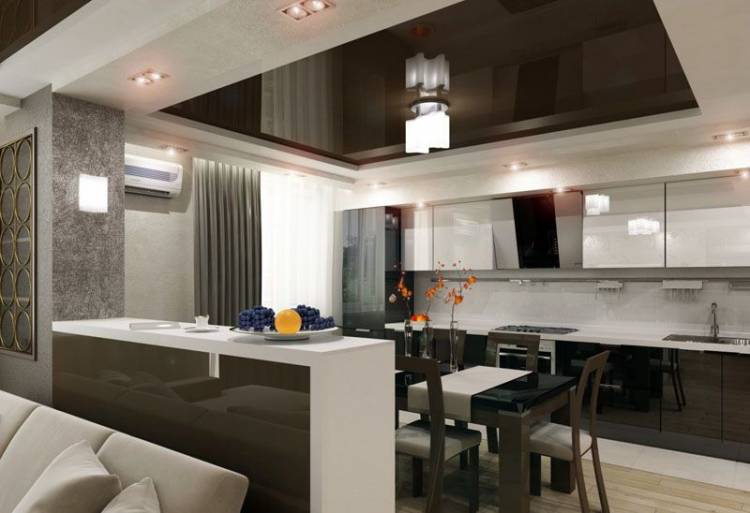 Дизайн потолка гостиной совмещенной с кухней: 70 фото дизайна