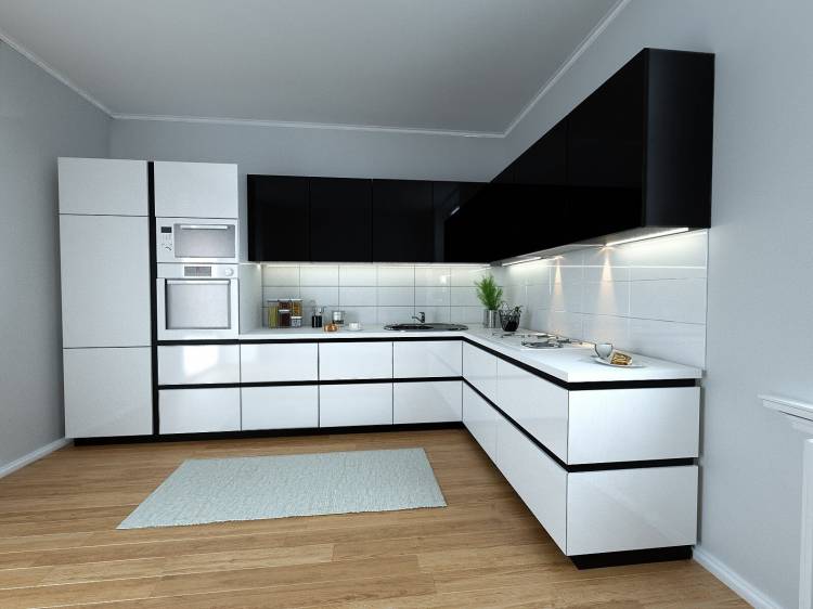 Белая кухня с черными ручками профилями