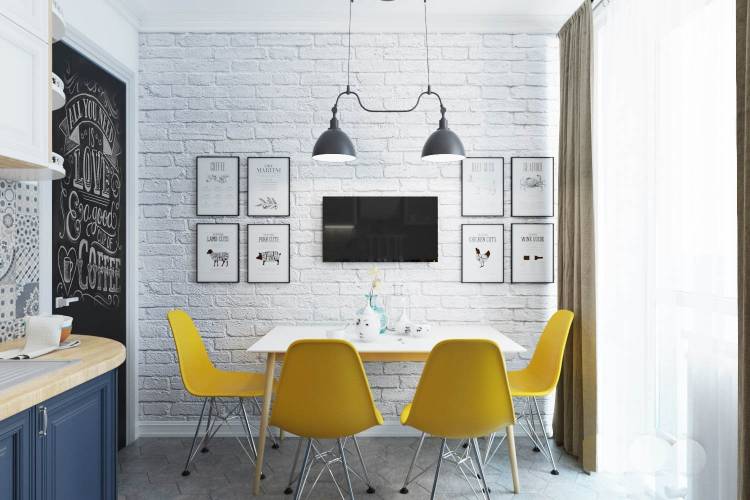 Дизайн кухни с белой кирпичной стеной