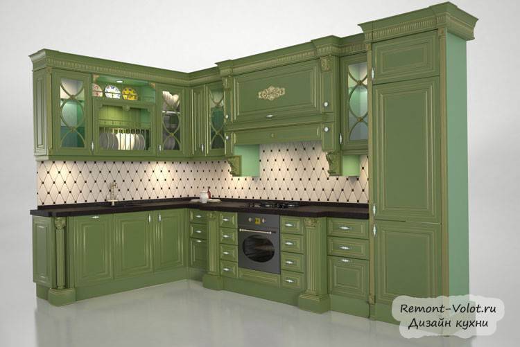 Большая кухня в классическом стиле зеленого цвет