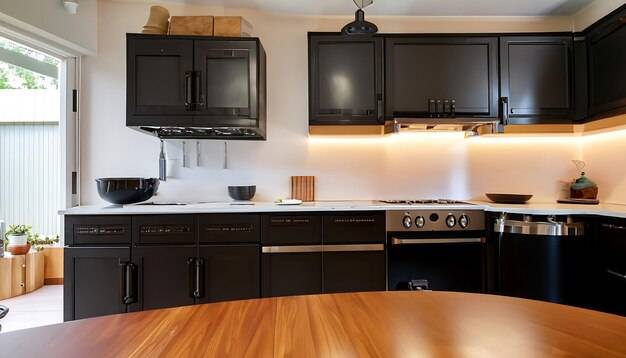 Кухня с деревянным столом, черными шкафами и черной плитой