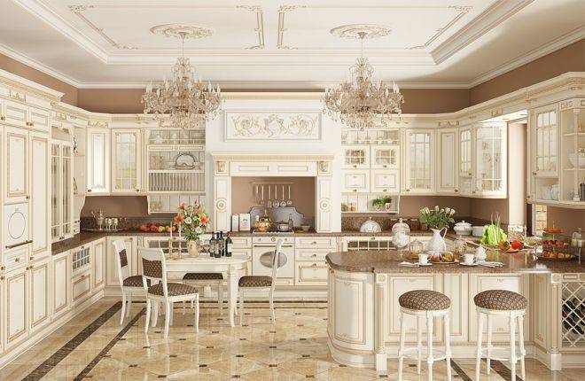 Дизайн кухни гостиной в частном деревянном доме в классическом или современном стиле