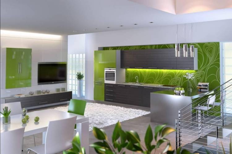 сочетание серого и зеленого цвета в интерьере кухни