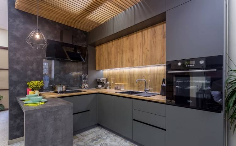 Серая кухня со столешницей под бетон: 58+ идей дизайна