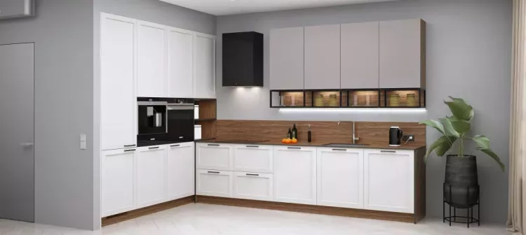 Белая кухня с деревянной столешницей в интерьер