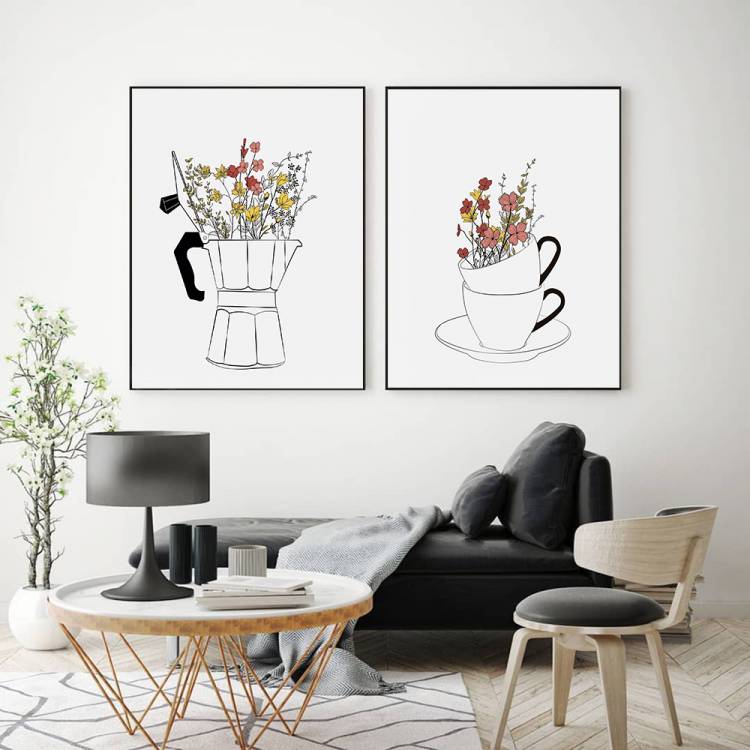 Настенные постеры в скандинавском стиле, картины на холсте с чашками и цветами для влюбленных кофе, для гостиной, кофейни, кухни, домашний декор