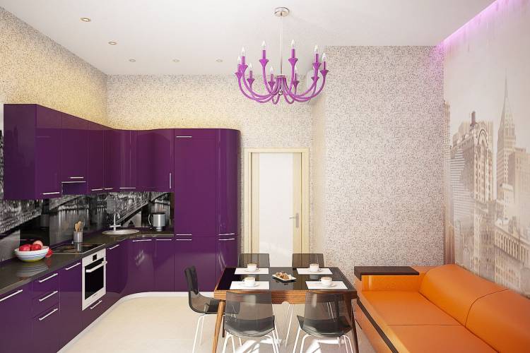 Фиолетовая кухня в интерьере с какими обоями