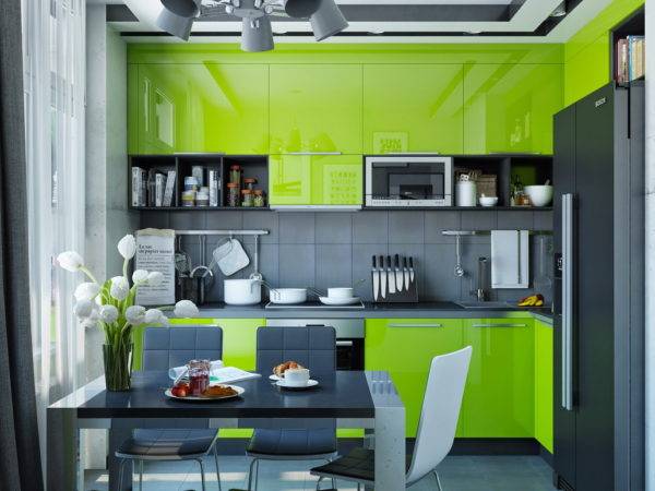 Дизайн интерьера кухни с зеленым гарнитуром, должный цвет ст